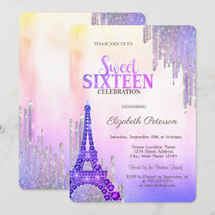 Invitation Tour Eiffel Glitter Drips Métallisé Sweet 16 