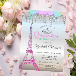 Invitation Tour Eiffel, Gouttes de arc-en-ciel Argent Quincea