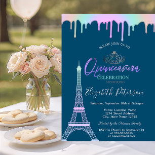 Invitation Tour Eiffel, gouttes de arc-en-ciel Robe de bal Bl