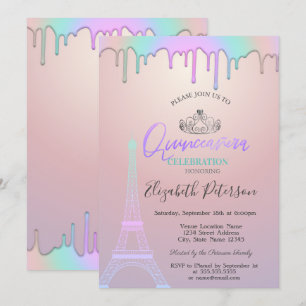 Invitation Tour Eiffel, Gouttes de Licorne Quinceañera 
