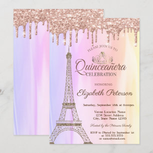 Invitation Tour Eiffel, gouttes de rose doré ombré Quinceañer