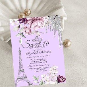 Invitation Tour Eiffel,Gouttes,Fleurs de lilas Douce 16 ans