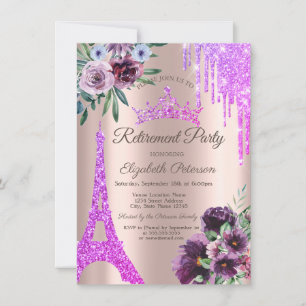 Invitation Tour Eiffel, Gouttes, Fleurs Violettes Retraite