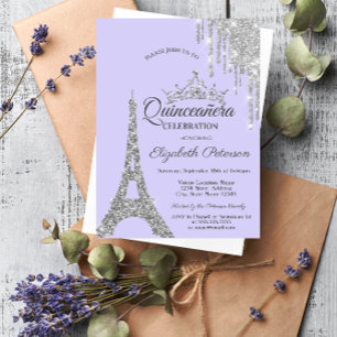 Invitation Tour Eiffel, Lavande Quinceañera gouttes argentées