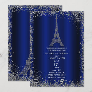 Invitation Tour Eiffel Mariage Paillettes Argent Bleu Royal