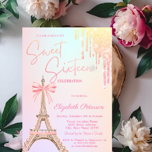 Invitation Tour Eiffel Nœud Paillettes Gouttes Douces 16  