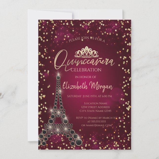 Invitation Tour Eiffel Noir, Diamants Quinceañera Bourgogne (Devant)