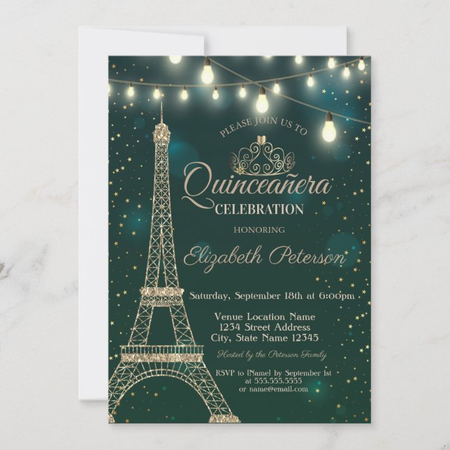 Invitation Tour Eiffel Or Etoiles Green Quinceañera (Devant)