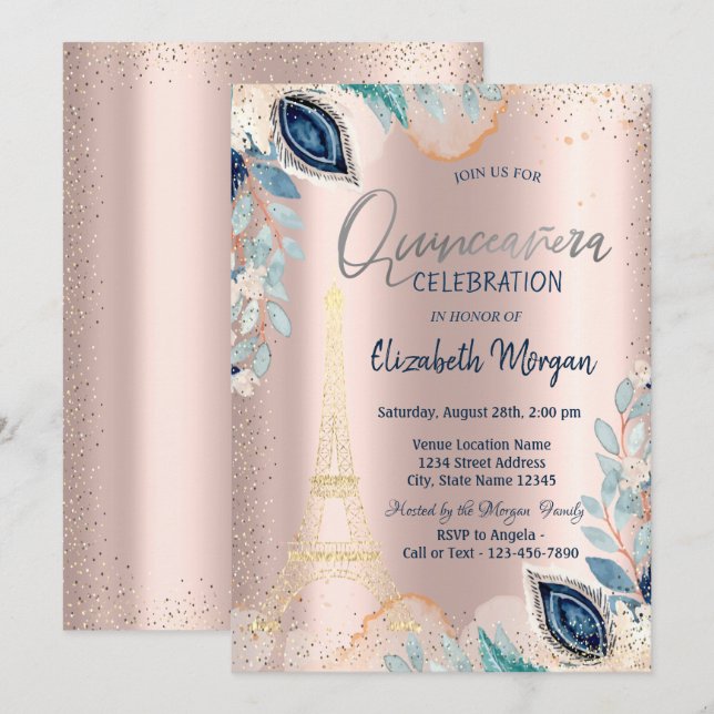 Invitation Tour Eiffel or, Fleurs, Rose or Quinceañera (Devant / Derrière)