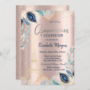 Invitation Tour Eiffel or, Fleurs, Rose or Quinceañera