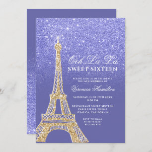 Invitation Tour Eiffel or parties scintillant bleu pourpre do
