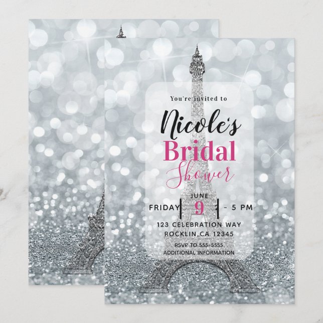 Invitation Tour Eiffel Pailleté Argent Mariage (Devant / Derrière)
