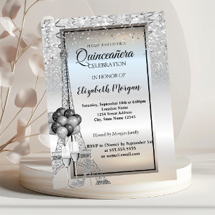 Invitation Tour Eiffel pailletée argent,Balloons Quinceañera