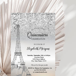 Invitation Tour Eiffel pailletée argent, Talon, Quinceañera e