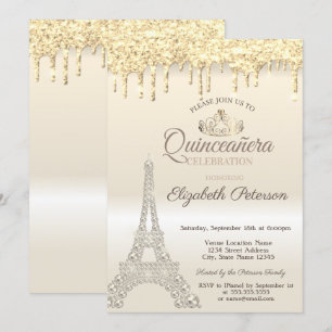 Invitation Tour Eiffel pailletée, gouttes d'or pour Quinceañe