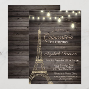 Invitation Tour Eiffel pailletée or, Bois  Quinceañera 