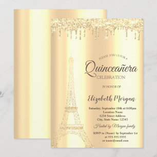 Invitation Tour Eiffel pailletée or chic, gouttes Quinceañera