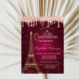 Invitation Tour Eiffel Pailletée Or Couronne Quinceañera
