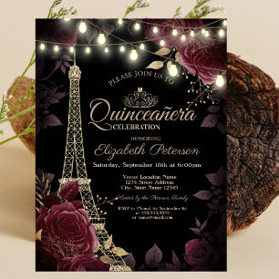 Invitation Tour Eiffel pailletée, Quinceañera aux roses sombr