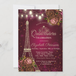 Invitation Tour Eiffel pailletée, Roses du Tiara Rouge Quince