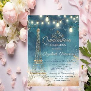 Invitation Tour Eiffel pailletée, Tiara Aquarelle  Quinceañer