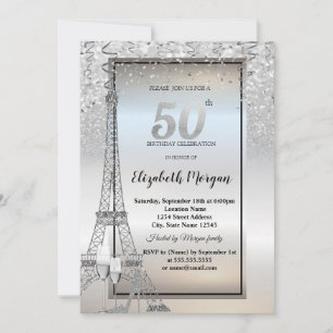 Invitation Tour Eiffel Paillettes Argent, Verre, Talons 50ème