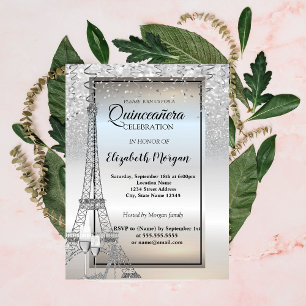 Invitation Tour Eiffel Paillettes Argentées, Quinceañera en V