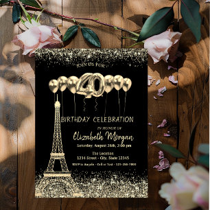 Invitation Tour Eiffel Paillettes Dorées Ballons Confettis 40