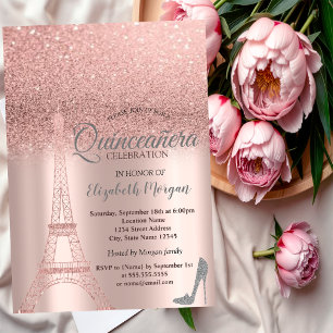 Invitation Tour Eiffel Paillettes Or Rose, Talons  Quinceañer