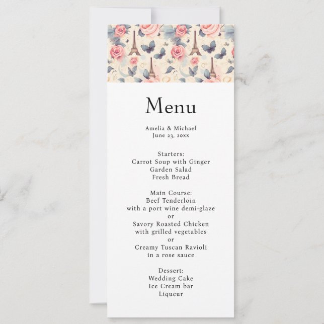 Invitation Tour Eiffel Papillon et menu Mariage Rose (Devant)