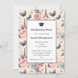 Invitation Tour Eiffel Papillon et Rose Graduation
