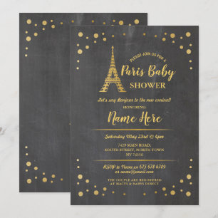 Invitation Tour Eiffel Paris Baby shower Chalk Gold