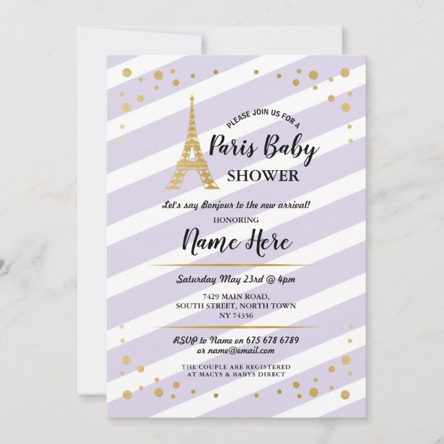 Invitation Tour Eiffel Paris Baby shower violet (Devant)