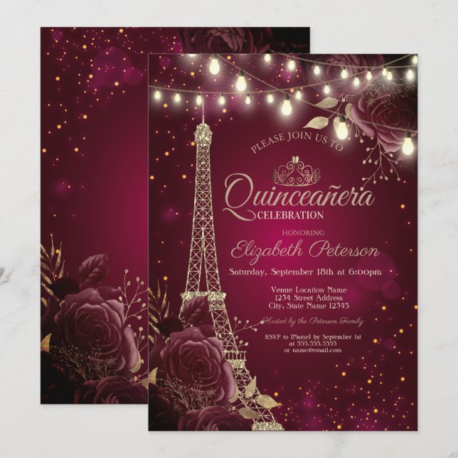Invitation Tour Eiffel parties scintillant, Quinceañera Bourg (Devant / Derrière)