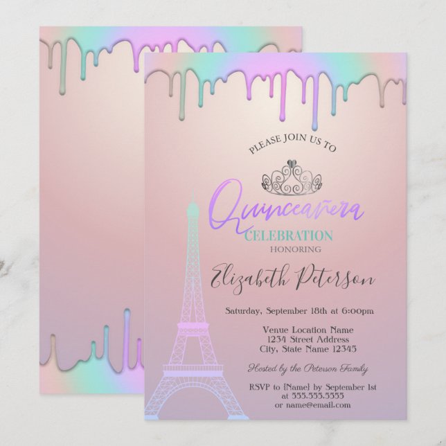 Invitation Tour Eiffel, Pilotes arc-en-ciel Quinceañera (Devant / Derrière)