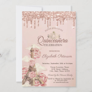 Invitation Tour Eiffel Pivoines Rose Gold Gouttes Quinceañera