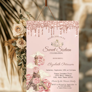 Invitation Tour Eiffel Pivoines Rose Gold Gouttes Sweet 16
