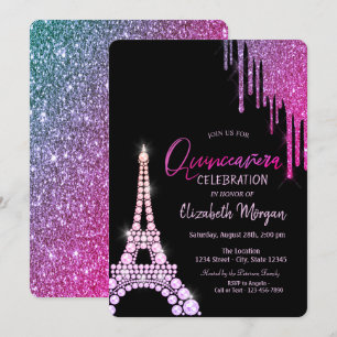 Invitation Tour Eiffel Quinceañera  gouttes de paillettes de 