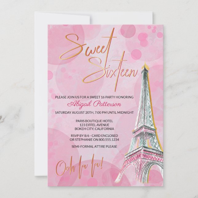 Invitation Tour Eiffel rose et or féminin Paris Sweet 16 (Devant)