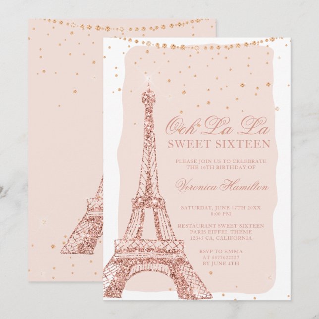 Invitation Tour Eiffel rose or parties scintillant blush Swee (Devant / Derrière)