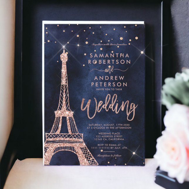 Invitation Tour Eiffel rose or parties scintillant marine ble (Eiffel tower rose gold glitter navy blue wedding invitation)