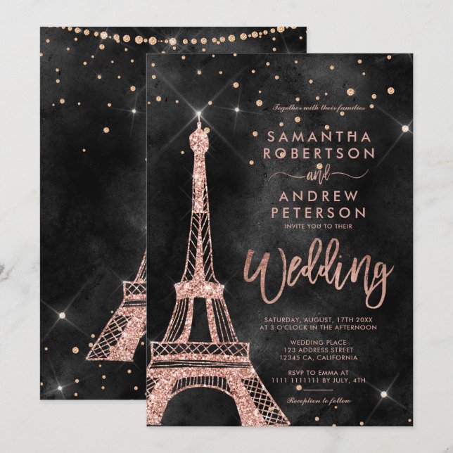 Invitation Tour Eiffel rose or parties scintillant noir maria (Devant / Derrière)