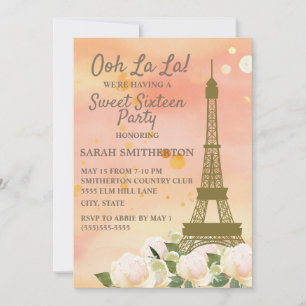 Invitation Tour Eiffel rose Orange Blanc Floral Sweet 16