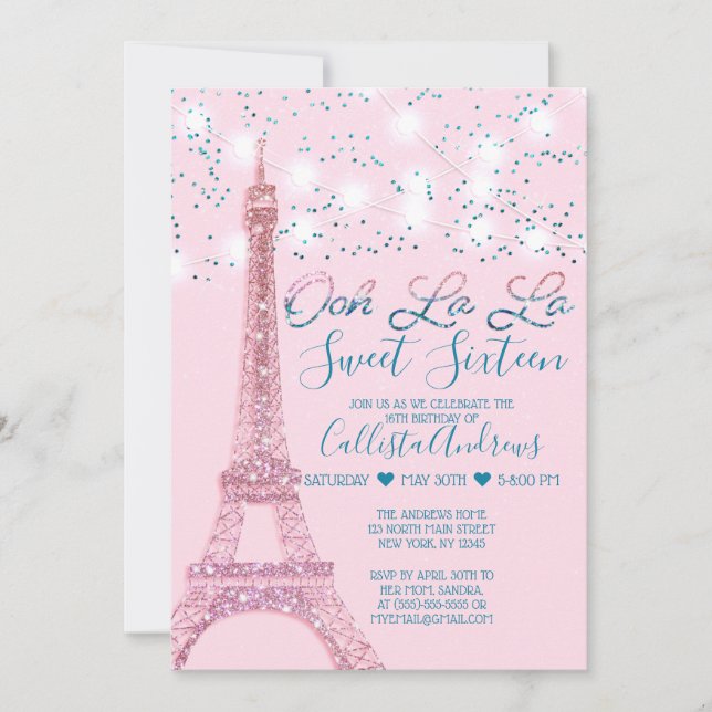 Invitation Tour Eiffel rose Paris Parties scintillant Lumière (Devant)