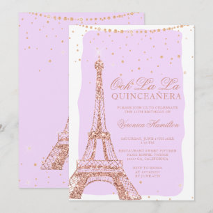 Invitation Tour Eiffel rose parties scintillant or violet qui