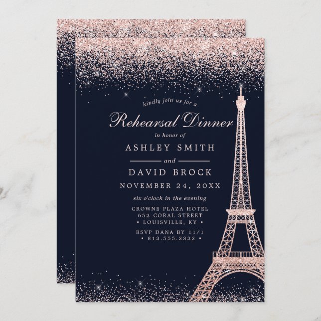 Invitation Tour Eiffel Rose Répétition Gold Sparkle (Devant / Derrière)