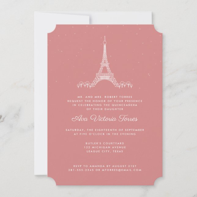 Invitation Tour Eiffel rose rose sous les étoiles Quinceañera (Devant)