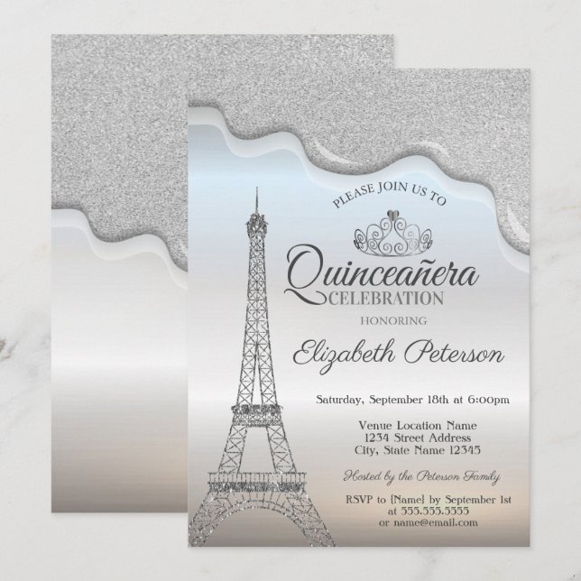 Invitation Tour Eiffel, Roulettes d'argent Quinceañera (Devant / Derrière)