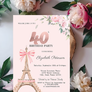 Invitation Tour Eiffel Ruban Rose Fleurs 40e Anniversaire