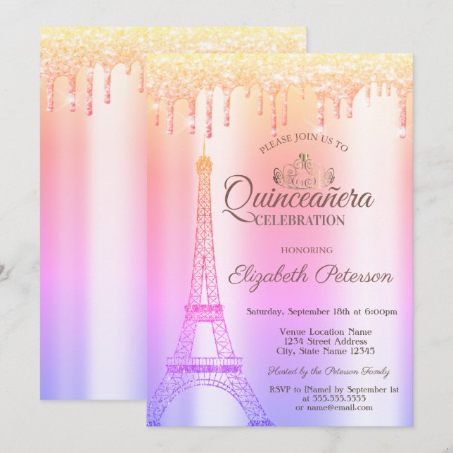 Invitation Tour Eiffel, Tiara, Drives Ombre Quinceañera (Devant / Derrière)